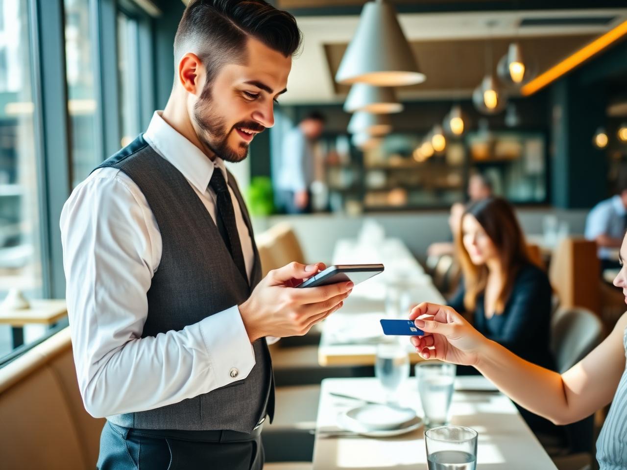 Garçom recebendo pagamento por cartão na mesa do cliente